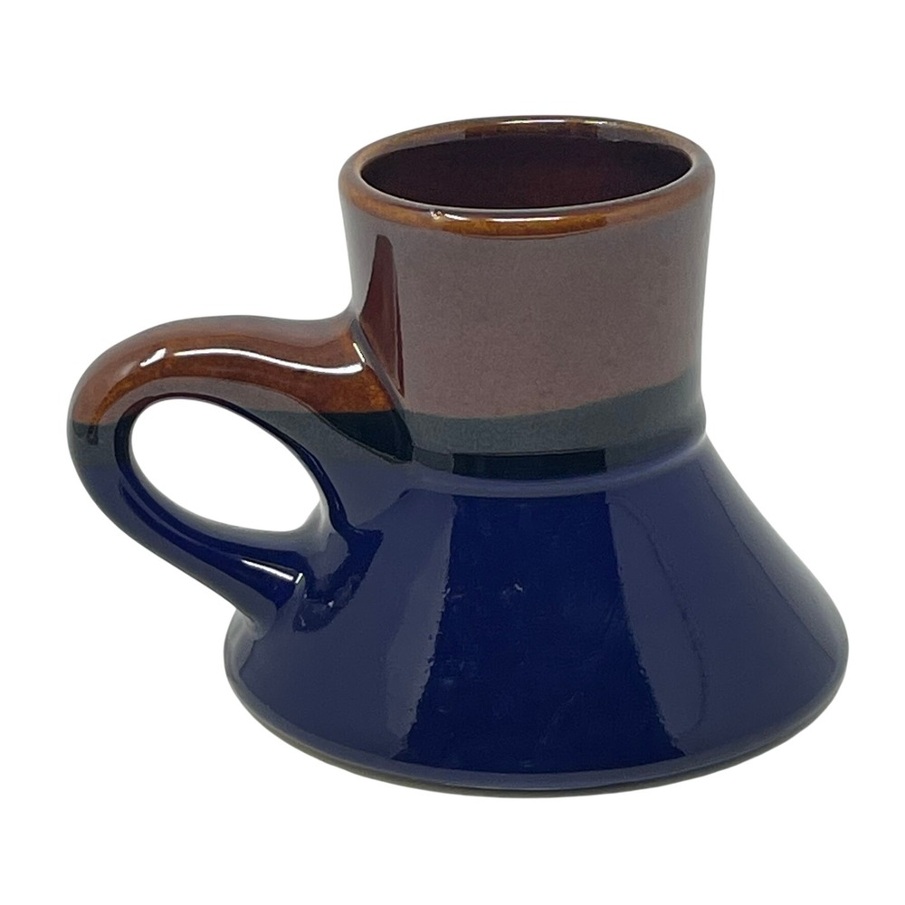 Studio Art Ceramic Commuter Coffee Mug Blue Brown No Spill Flared Base Vintage